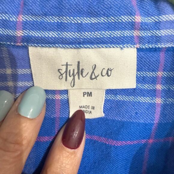 Style & Co Blue Plaid Flannel Button Down Sz MP - Picture 5 of 12